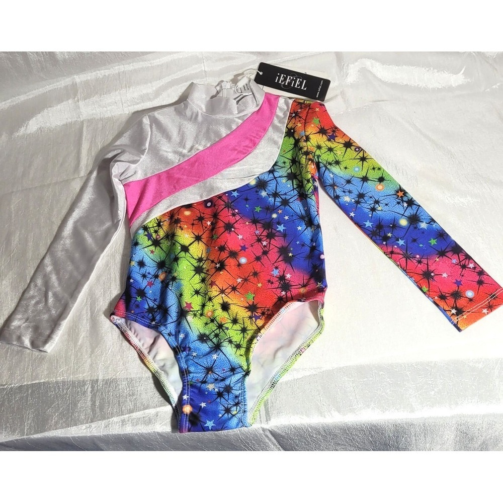 Iefiel Toddler Long Sleeve Ballet Dancing Leotard - White Rainbow Starbursts 3T
